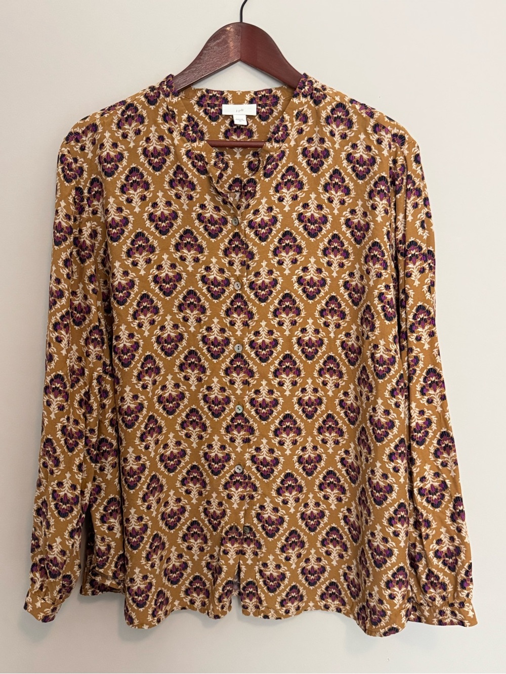 J Jill Women Yellow Pattern Blouse Top 2XL Button Up Long Sleeve Lightweight